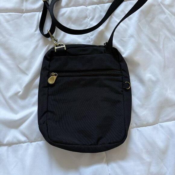 Travelon Signature Slim Day Bag Crossbody Black Canvas Pockets Blue Inside - Picture 5 of 12